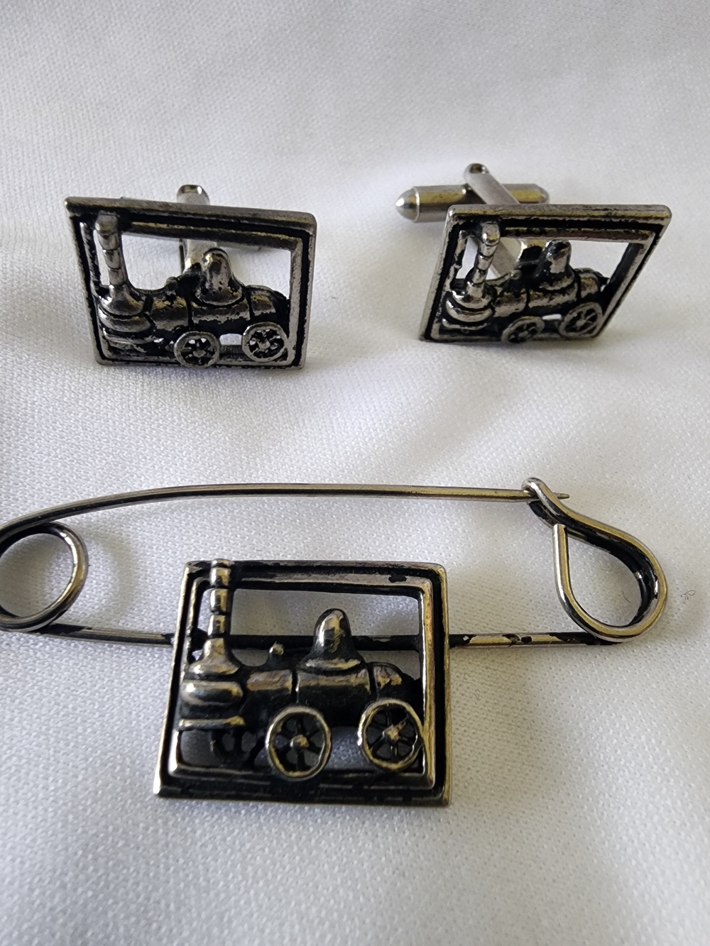 Silver Train Motif Cufflink and Pin Set - Men Accessories